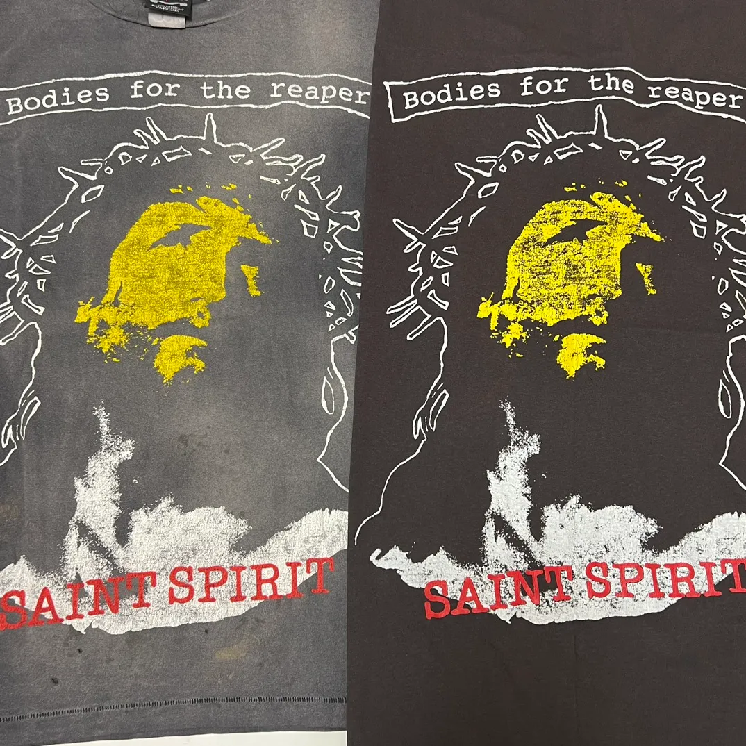 SAINT MICHAEL SS TEE/B FOR REAPER Jesus Hell's Angels Washed and Distressed Short Sleeves Washed Black S-XL Garment Dyed Printed Washed and Distressed